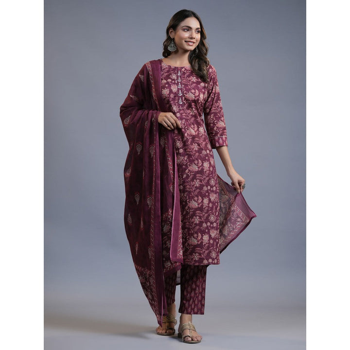 Yufta Women Maroon Ethnic Motifs Straight Kurta Pant And Dupatta (Set of 3)