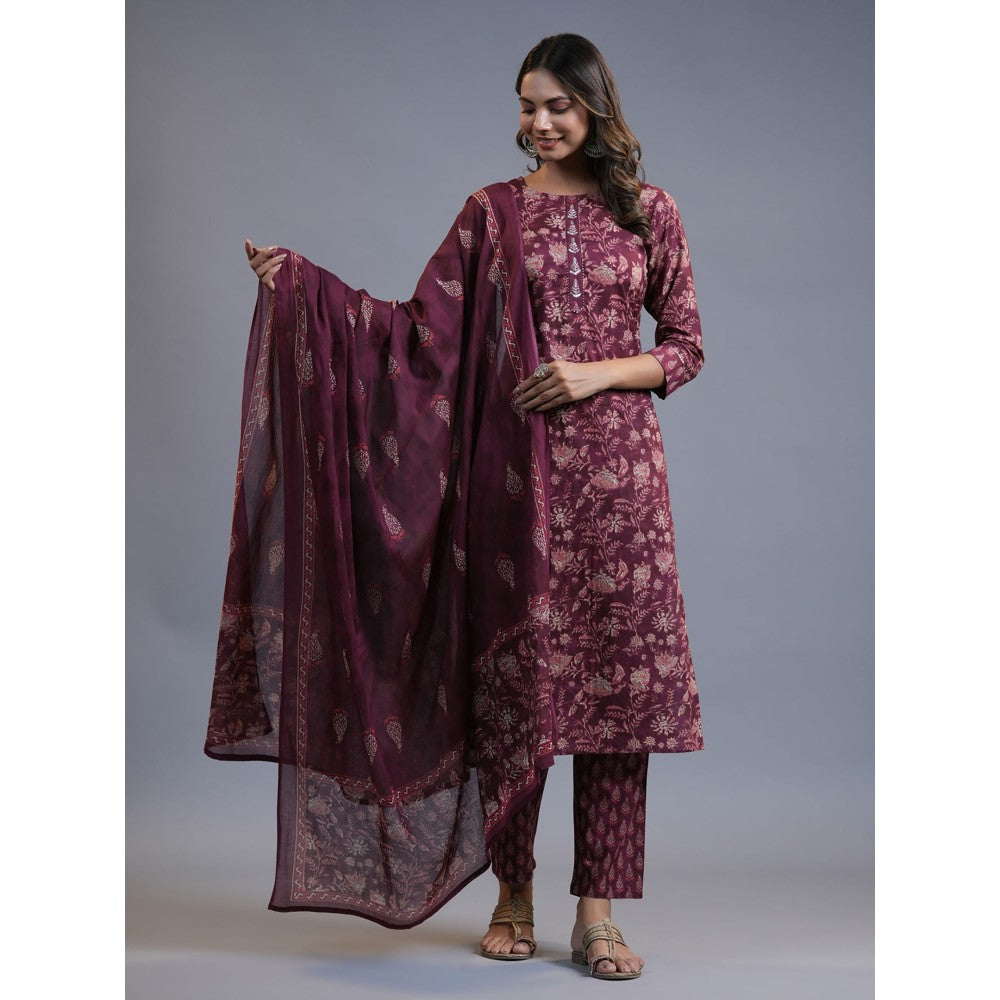 Yufta Women Maroon Ethnic Motifs Straight Kurta Pant And Dupatta (Set of 3)