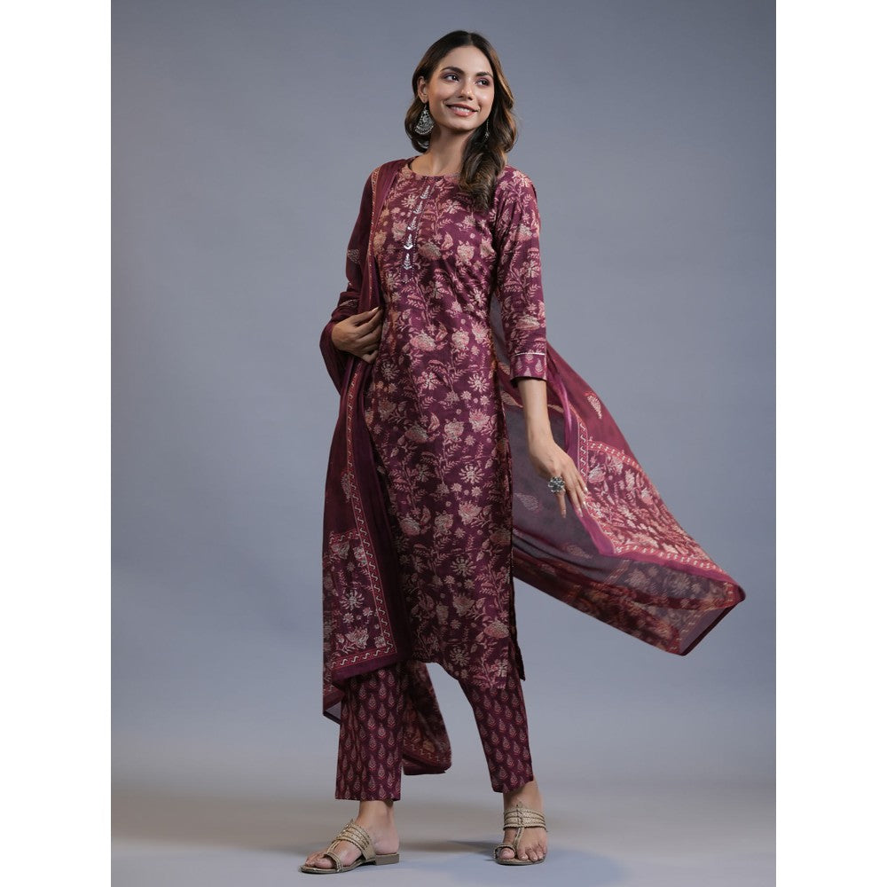 Yufta Women Maroon Ethnic Motifs Straight Kurta Pant And Dupatta (Set of 3)