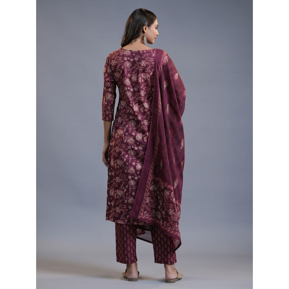 Yufta Women Maroon Ethnic Motifs Straight Kurta Pant And Dupatta (Set of 3)