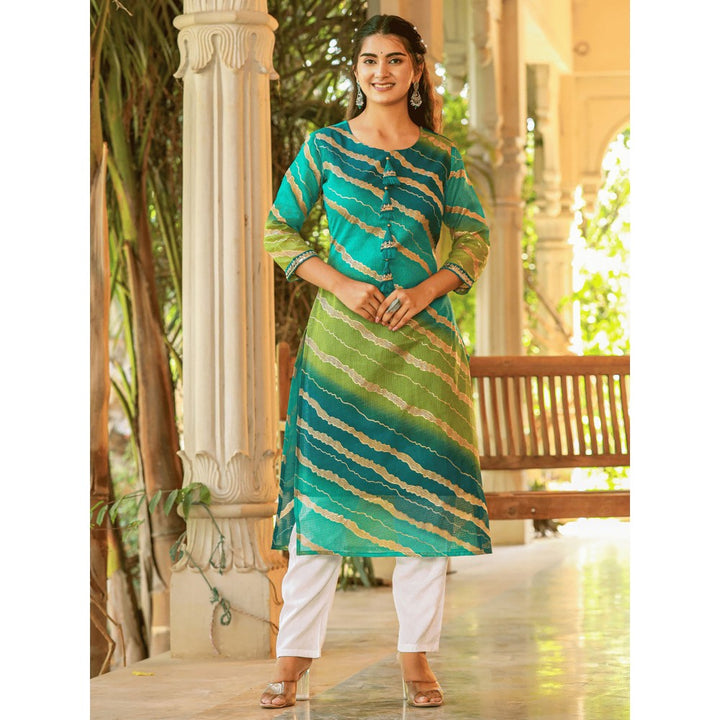 Yufta Women Green Leheriya And Cotton Lining Straight Kurta