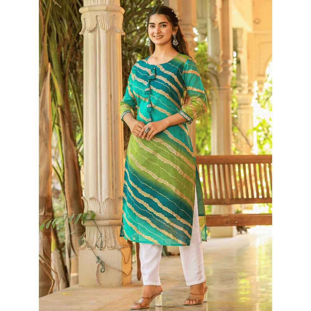 Yufta Women Green Leheriya And Cotton Lining Straight Kurta