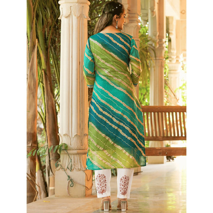 Yufta Women Green Leheriya And Cotton Lining Straight Kurta