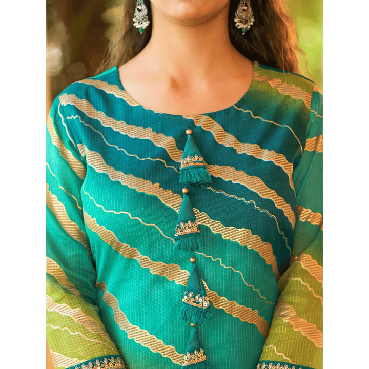 Yufta Women Green Leheriya And Cotton Lining Straight Kurta