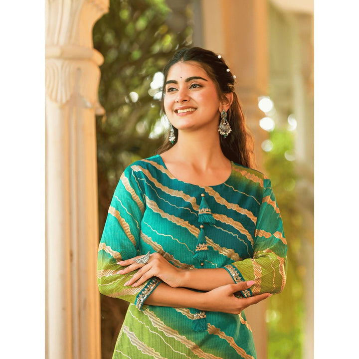 Yufta Women Green Leheriya And Cotton Lining Straight Kurta