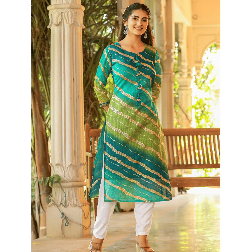 Yufta Women Green Leheriya And Cotton Lining Straight Kurta