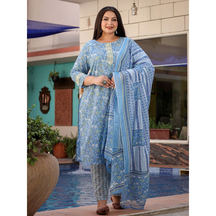 Yufta Women Sky Blue Floral Straight Plus Size Kurta with Pants & Dupatta (Set of 3)