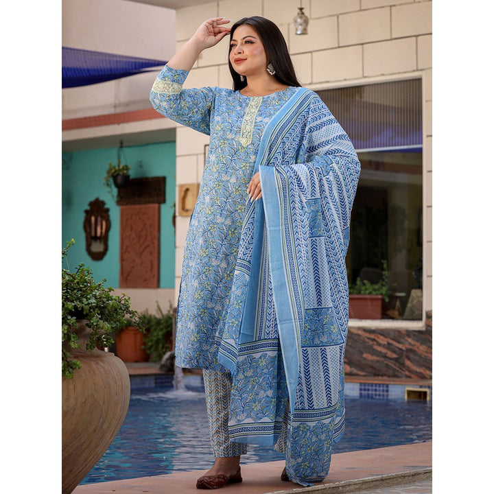 Yufta Women Sky Blue Floral Straight Plus Size Kurta with Pants & Dupatta (Set of 3)