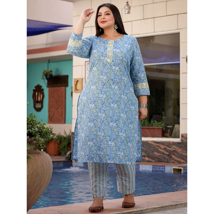 Yufta Women Sky Blue Floral Straight Plus Size Kurta with Pants & Dupatta (Set of 3)