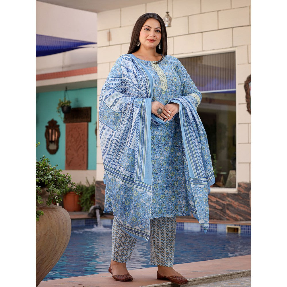 Yufta Women Sky Blue Floral Straight Plus Size Kurta with Pants & Dupatta (Set of 3)