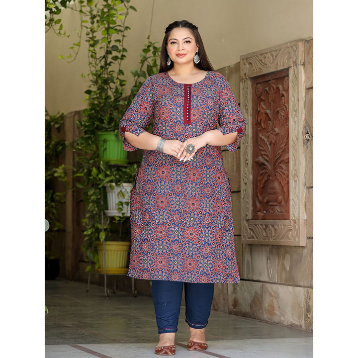 Yufta Women Navy Blue Ethnic Motifs Straight Plus Size Kurta & Pants (Set of 2)