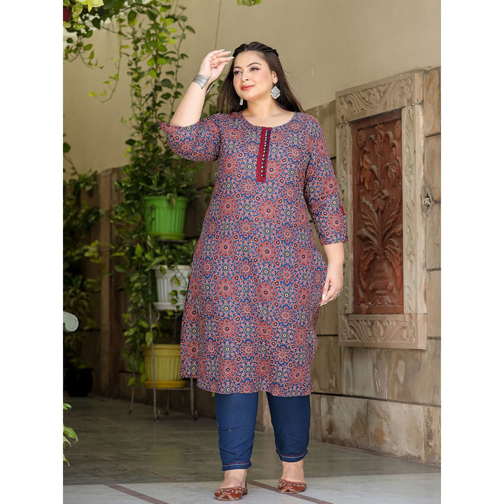 Yufta Women Navy Blue Ethnic Motifs Straight Plus Size Kurta & Pants (Set of 2)