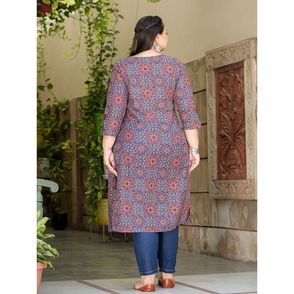 Yufta Women Navy Blue Ethnic Motifs Straight Plus Size Kurta & Pants (Set of 2)