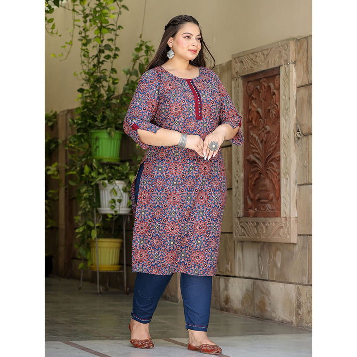 Yufta Women Navy Blue Ethnic Motifs Straight Plus Size Kurta & Pants (Set of 2)