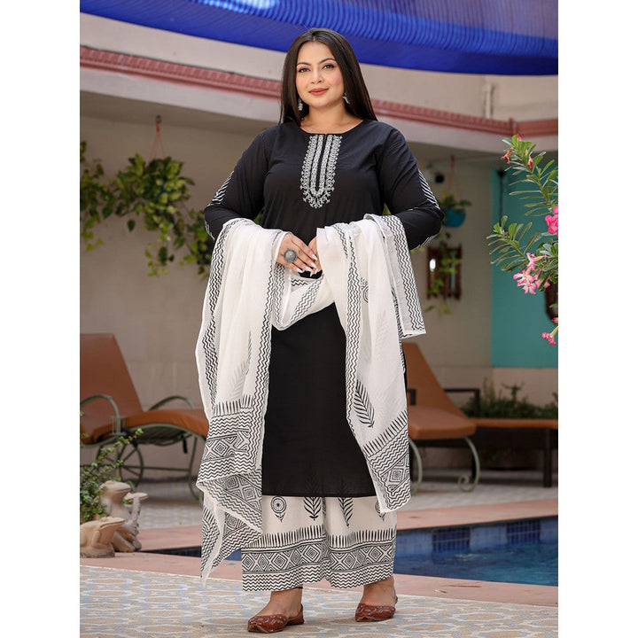 Yufta Women Black Yoke Design Pure Cotton Plus Size Kurta with Palazzos & Dupatta (Set of 3)