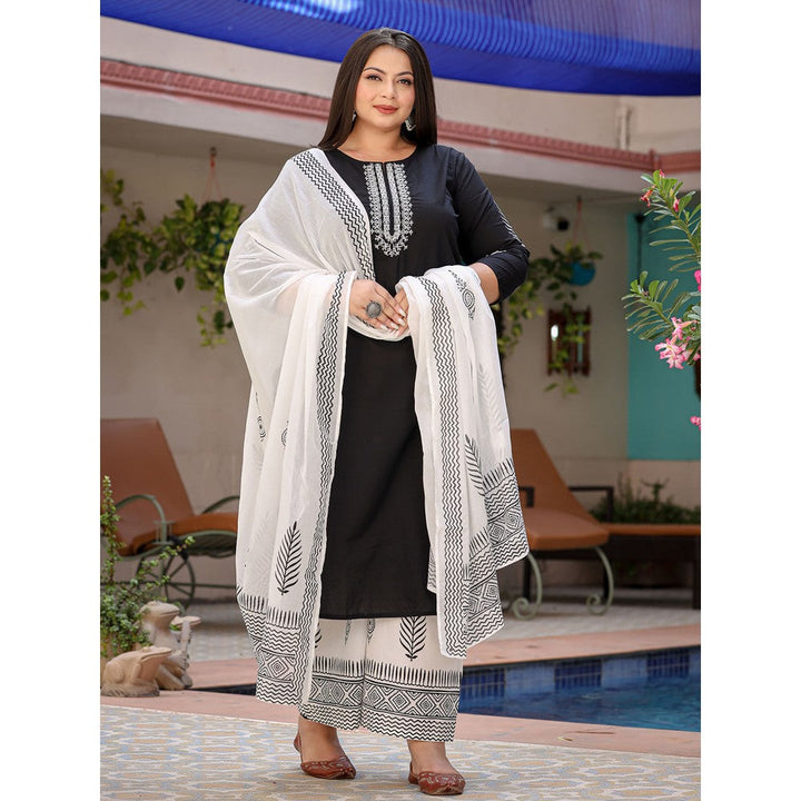 Yufta Women Black Yoke Design Pure Cotton Plus Size Kurta with Palazzos & Dupatta (Set of 3)