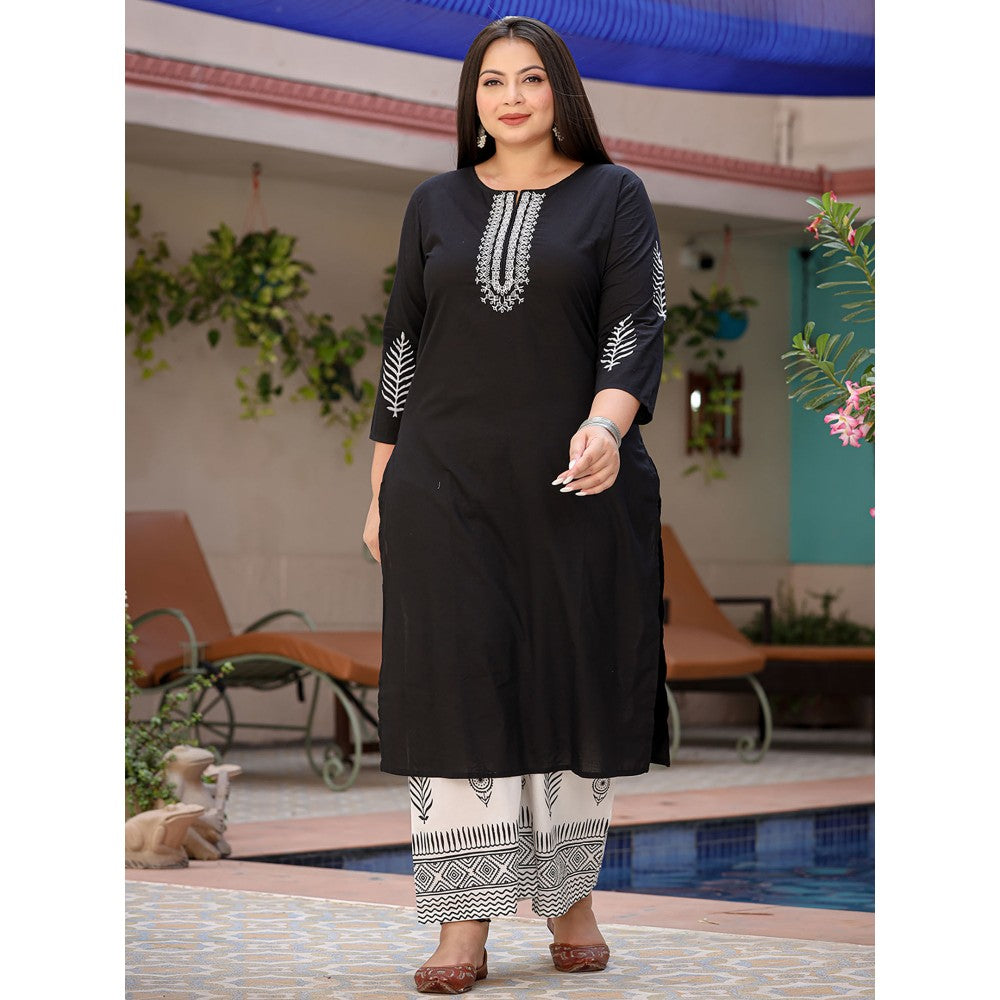 Yufta Women Black Yoke Design Pure Cotton Plus Size Kurta with Palazzos & Dupatta (Set of 3)