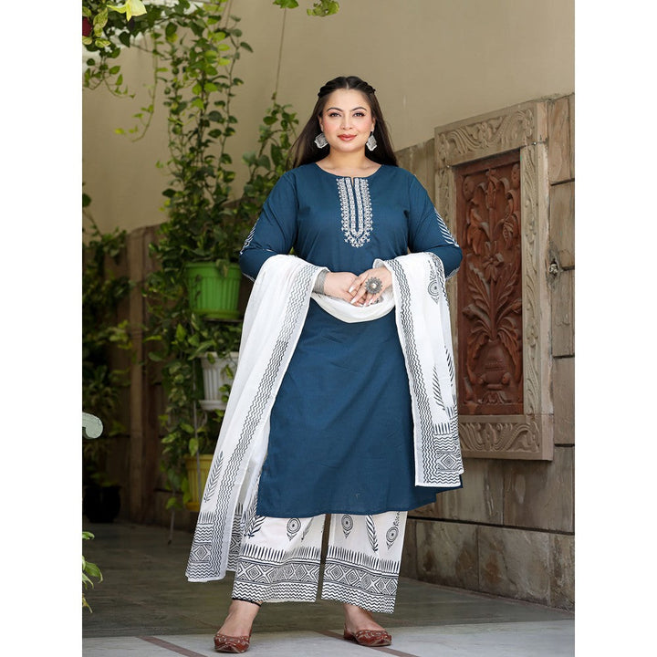 Yufta Women Blue Yoke Design Pure Cotton Plus Size Kurta with Palazzos & Dupatta (Set of 3)