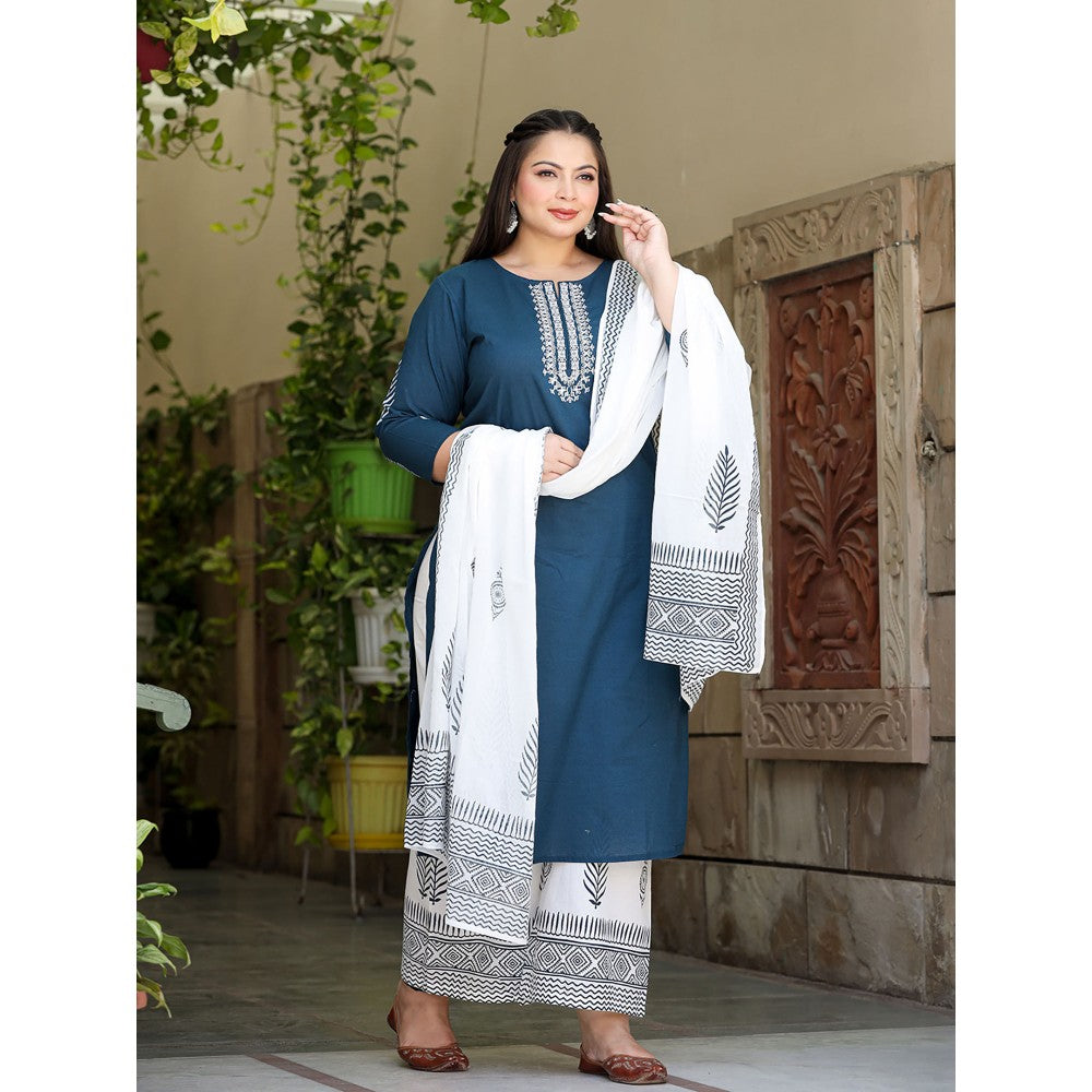 Yufta Women Blue Yoke Design Pure Cotton Plus Size Kurta with Palazzos & Dupatta (Set of 3)