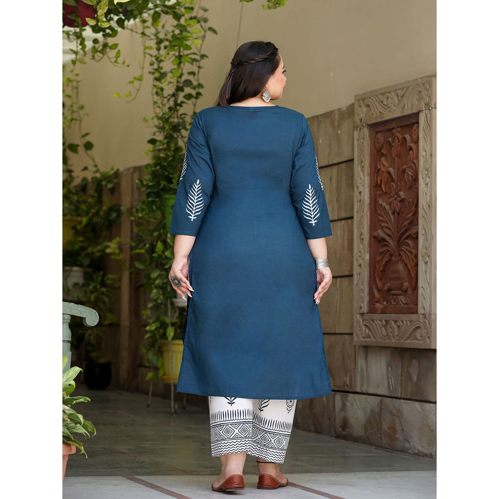 Yufta Women Blue Yoke Design Pure Cotton Plus Size Kurta with Palazzos & Dupatta (Set of 3)