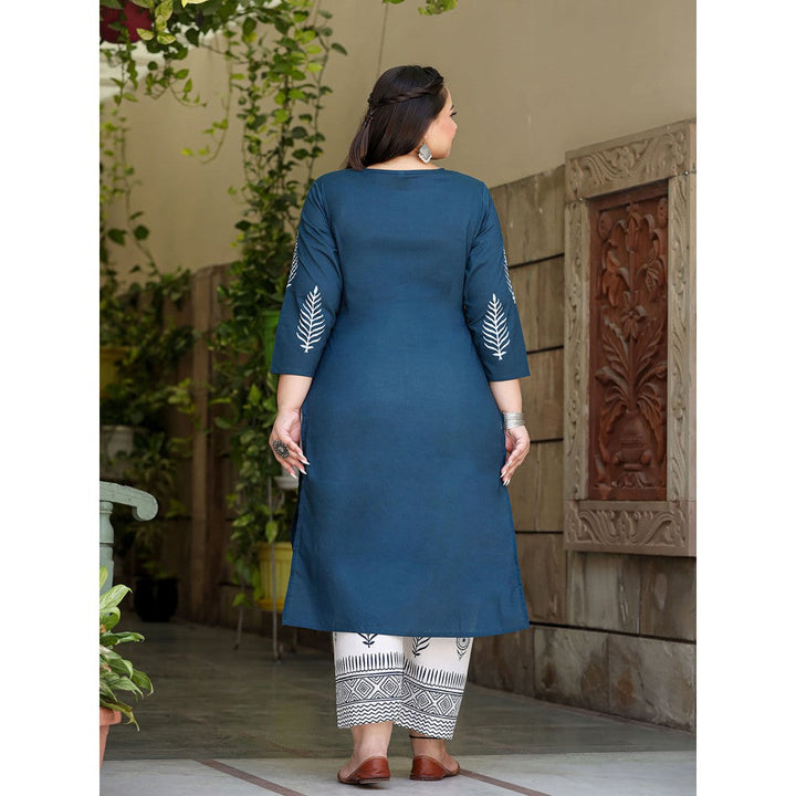 Yufta Women Blue Yoke Design Pure Cotton Plus Size Kurta with Palazzos & Dupatta (Set of 3)