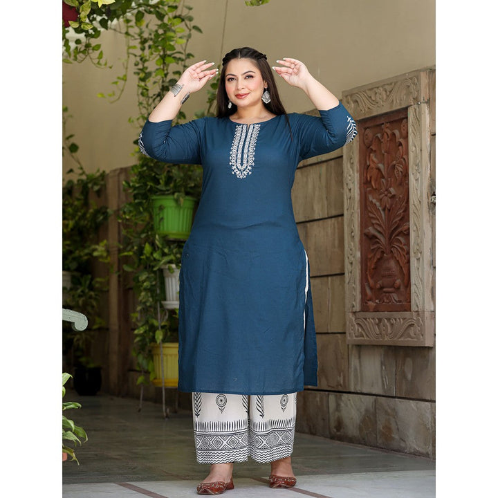 Yufta Women Blue Yoke Design Pure Cotton Plus Size Kurta with Palazzos & Dupatta (Set of 3)