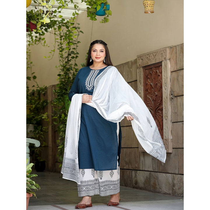 Yufta Women Blue Yoke Design Pure Cotton Plus Size Kurta with Palazzos & Dupatta (Set of 3)