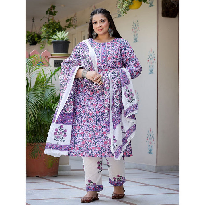 Yufta Women Lavender Motifs Printed Plus Size Kurta with Pants & Dupatta (Set of 3)