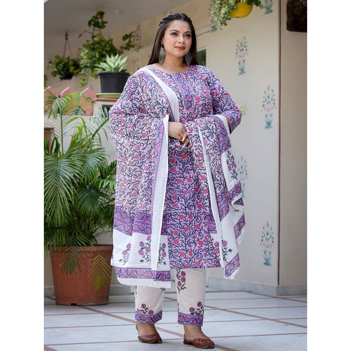 Yufta Women Lavender Motifs Printed Plus Size Kurta with Pants & Dupatta (Set of 3)