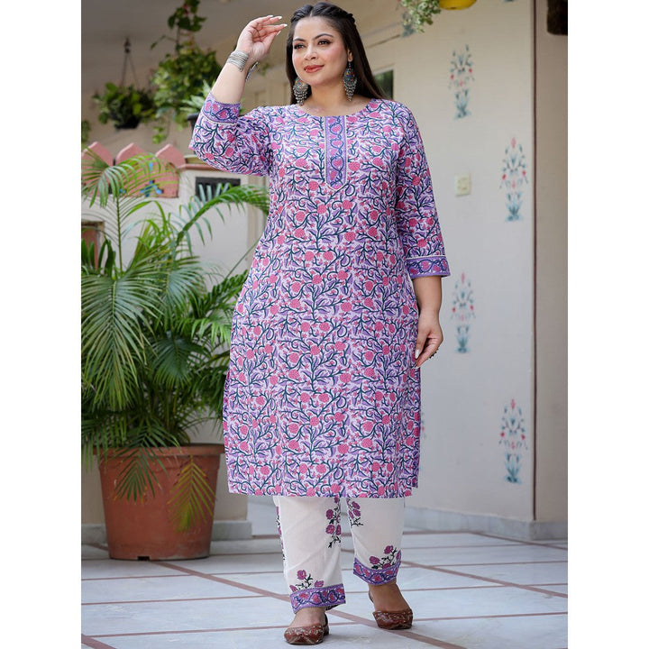 Yufta Women Lavender Motifs Printed Plus Size Kurta with Pants & Dupatta (Set of 3)