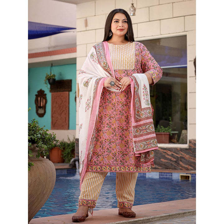 Yufta Women Pink Printed Pure Cotton Plus Size Kurta with Pants & Dupatta (Set of 3)