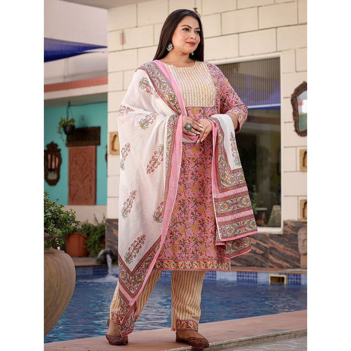 Yufta Women Pink Printed Pure Cotton Plus Size Kurta with Pants & Dupatta (Set of 3)