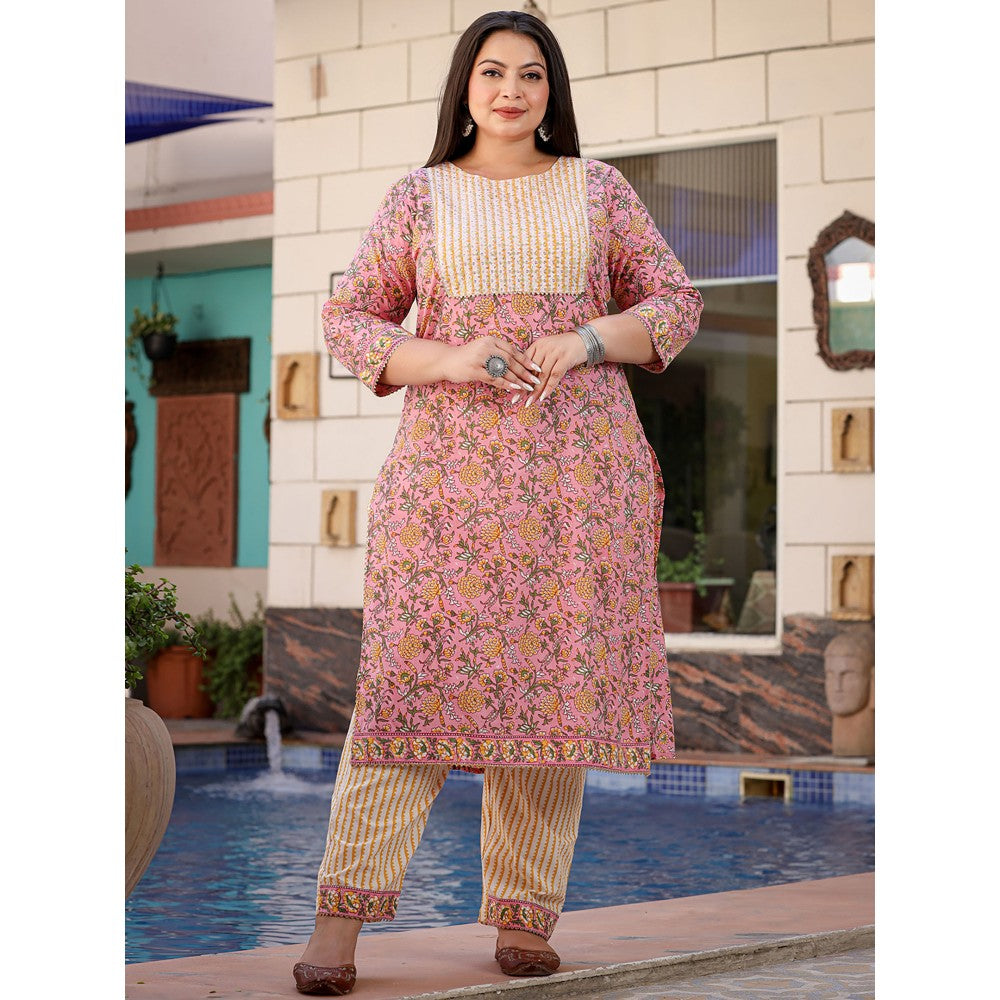 Yufta Women Pink Printed Pure Cotton Plus Size Kurta with Pants & Dupatta (Set of 3)