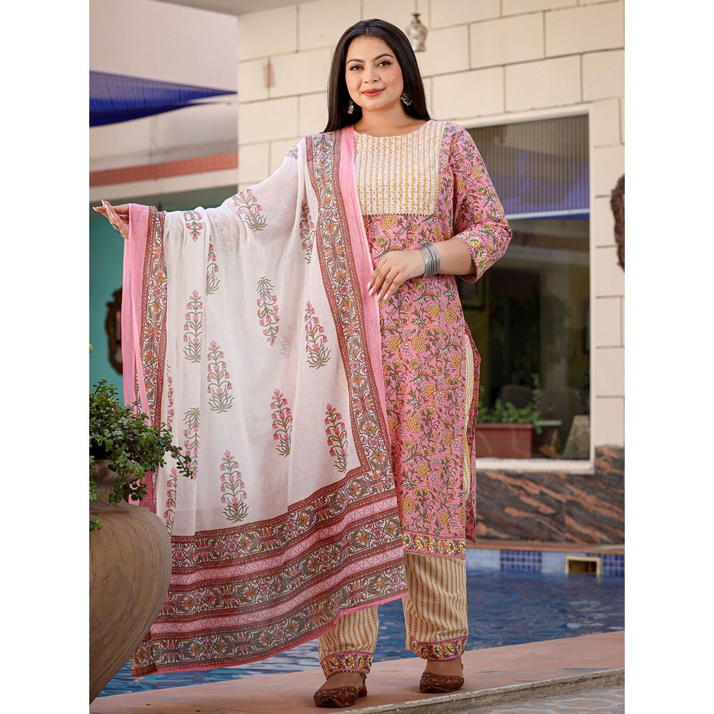 Yufta Women Pink Printed Pure Cotton Plus Size Kurta with Pants & Dupatta (Set of 3)