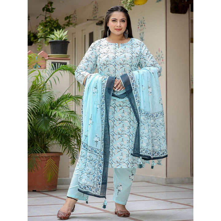 Yufta Women Blue Floral Printed Pure Cotton Plus Size Kurta with Pants & Dupatta (Set of 3)