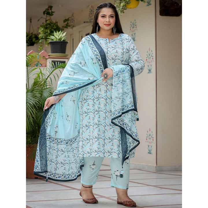 Yufta Women Blue Floral Printed Pure Cotton Plus Size Kurta with Pants & Dupatta (Set of 3)