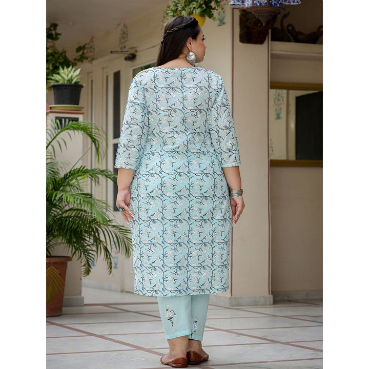 Yufta Women Blue Floral Printed Pure Cotton Plus Size Kurta with Pants & Dupatta (Set of 3)