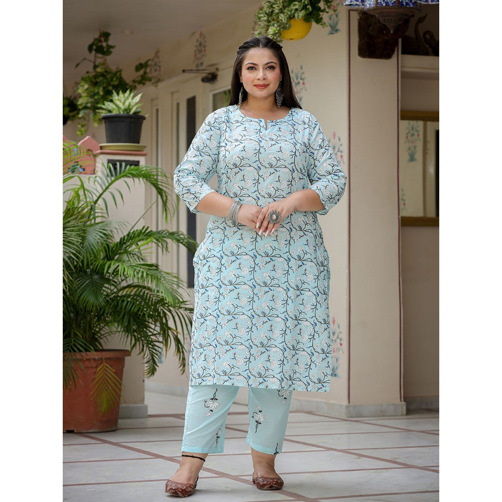 Yufta Women Blue Floral Printed Pure Cotton Plus Size Kurta with Pants & Dupatta (Set of 3)