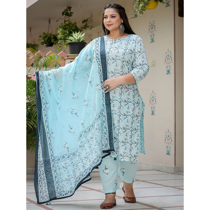 Yufta Women Blue Floral Printed Pure Cotton Plus Size Kurta with Pants & Dupatta (Set of 3)