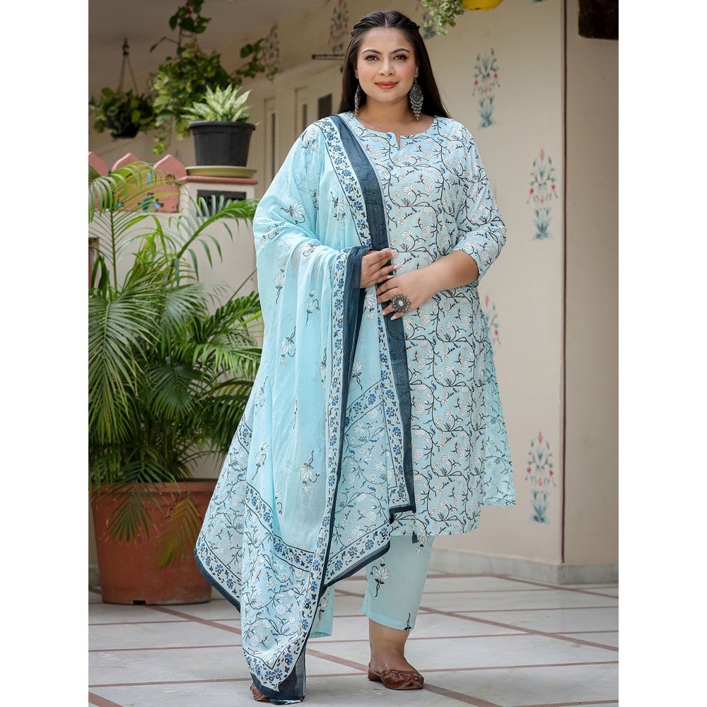 Yufta Women Blue Floral Printed Pure Cotton Plus Size Kurta with Pants & Dupatta (Set of 3)