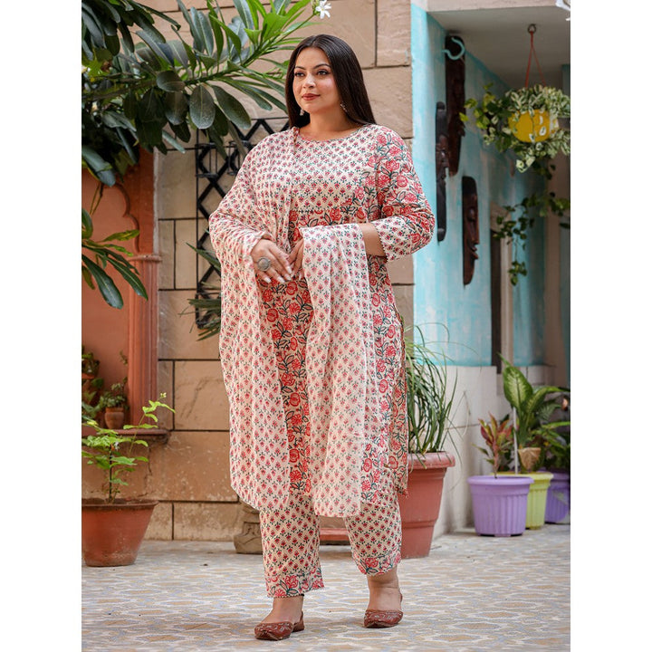 Yufta Women Pink Printed Plus Size Straight Plus Size Kurta Pants And Dupatta (Set of 3)