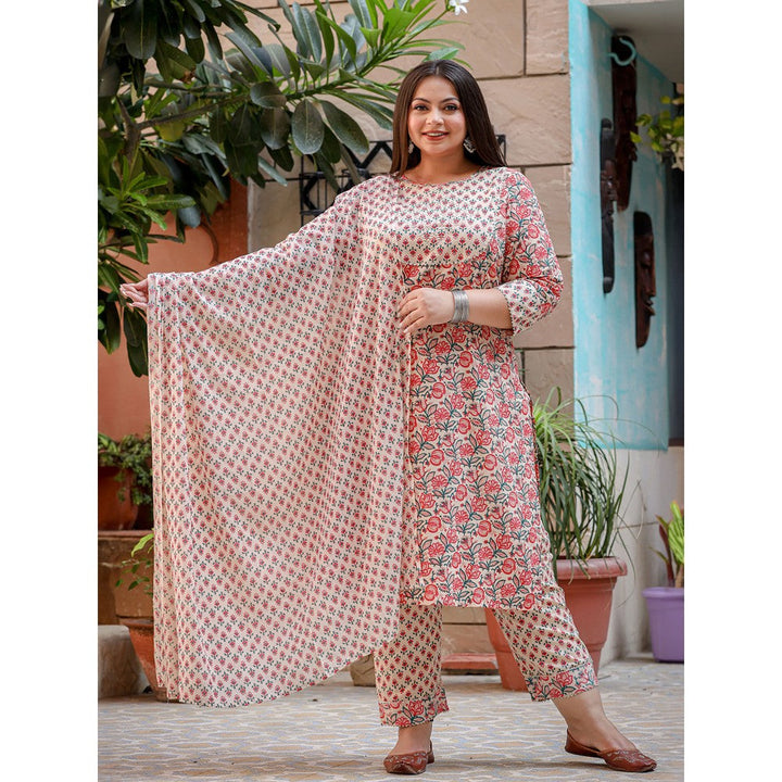 Yufta Women Pink Printed Plus Size Straight Plus Size Kurta Pants And Dupatta (Set of 3)