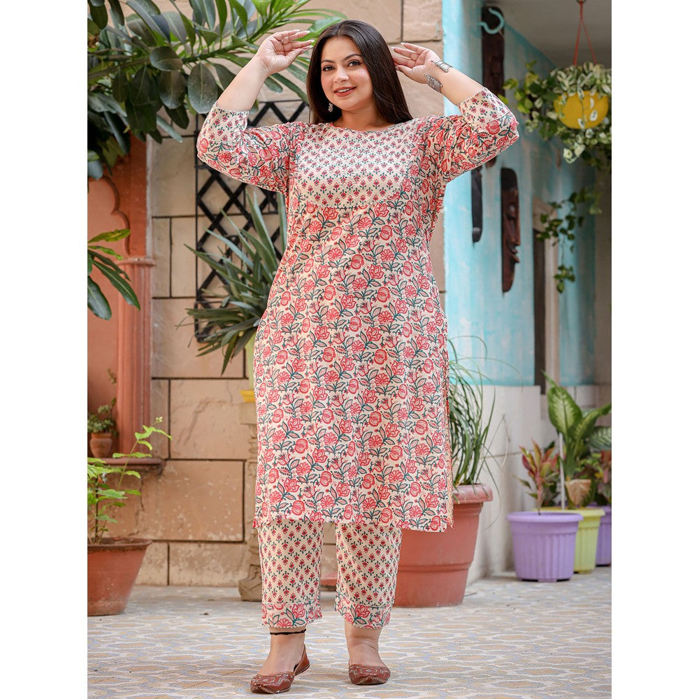 Yufta Women Pink Printed Plus Size Straight Plus Size Kurta Pants And Dupatta (Set of 3)