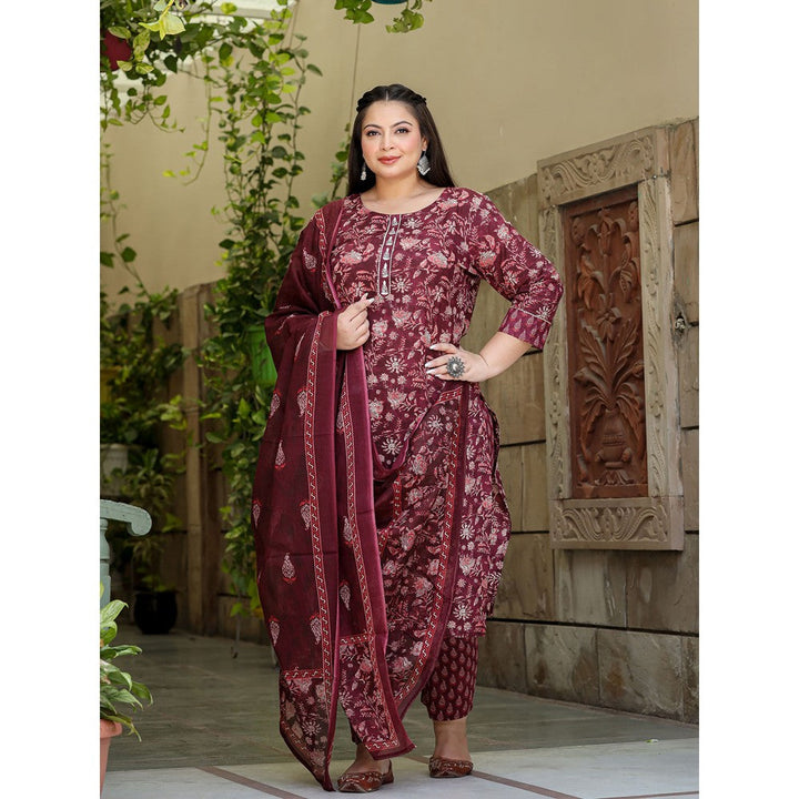 Yufta Women Maroon Ethnic Motifs Straight Plus Size Kurta with Pants & Dupatta (Set of 3)