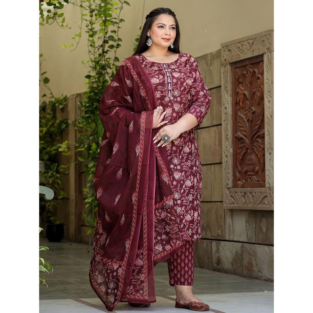 Yufta Women Maroon Ethnic Motifs Straight Plus Size Kurta with Pants & Dupatta (Set of 3)