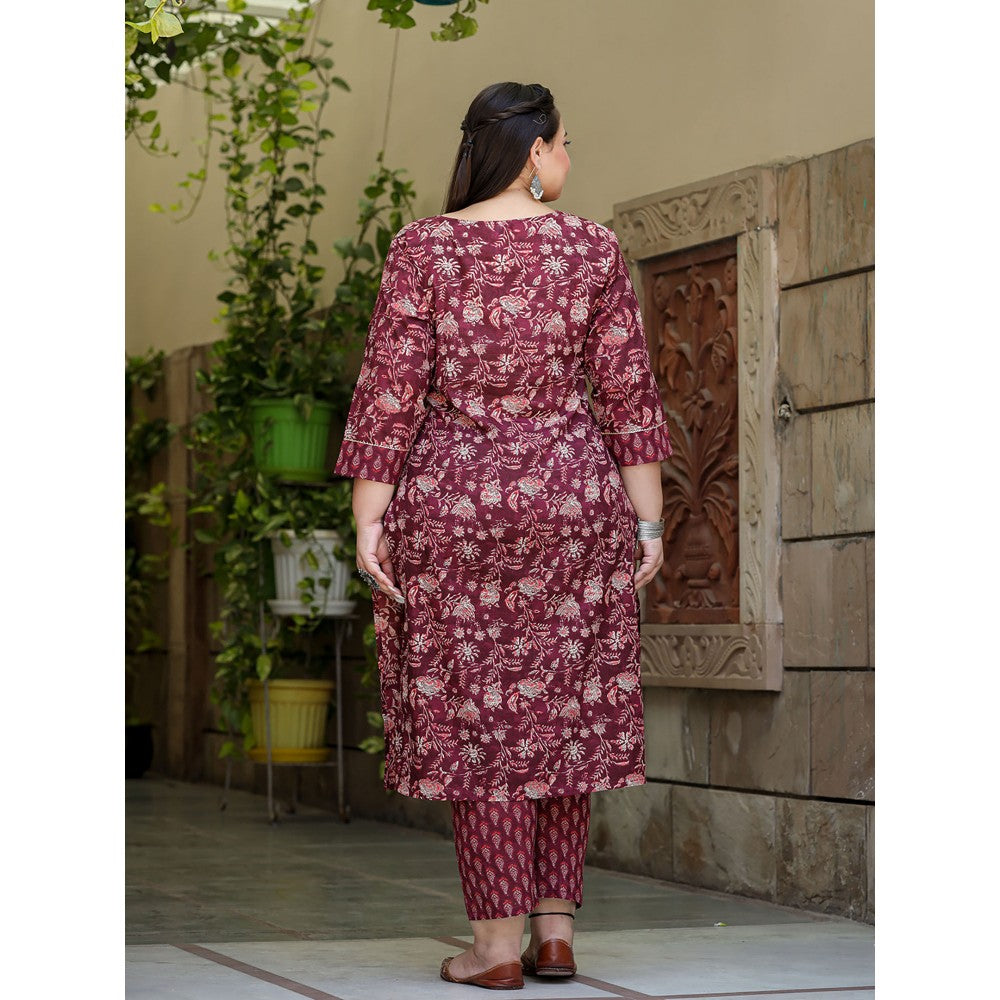 Yufta Women Maroon Ethnic Motifs Straight Plus Size Kurta with Pants & Dupatta (Set of 3)