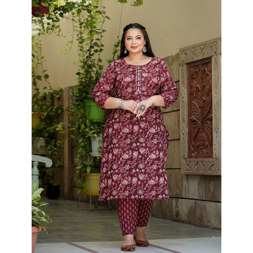 Yufta Women Maroon Ethnic Motifs Straight Plus Size Kurta with Pants & Dupatta (Set of 3)