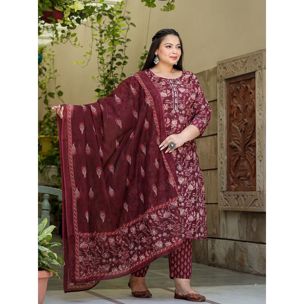 Yufta Women Maroon Ethnic Motifs Straight Plus Size Kurta with Pants & Dupatta (Set of 3)