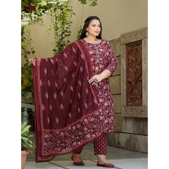 Yufta Women Maroon Ethnic Motifs Straight Plus Size Kurta with Pants & Dupatta (Set of 3)