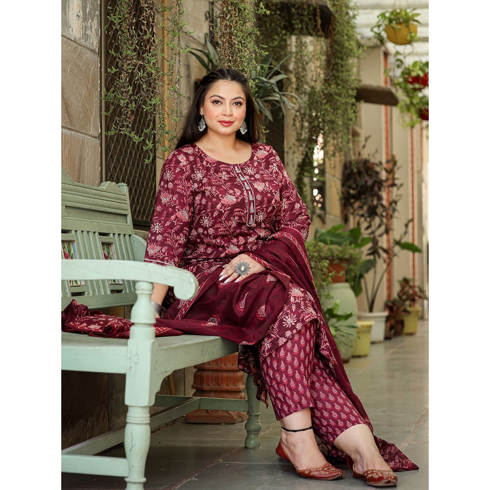 Yufta Women Maroon Ethnic Motifs Straight Plus Size Kurta with Pants & Dupatta (Set of 3)